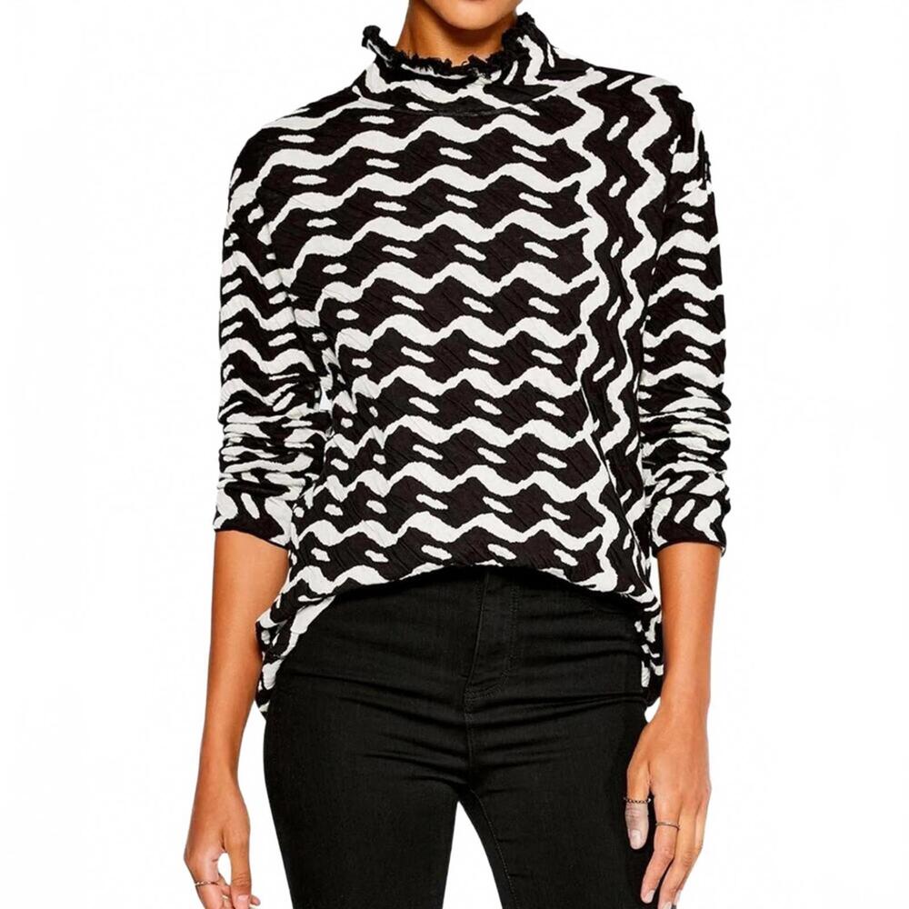 NIC+ZOE Opposites Attract Black White Jacquard Mock Neck Sweater SIZE L